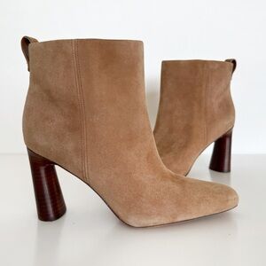 Vince Hillside Suede Heeled Booties Stacked Heel Tan Suede Weatern Minimal Sleek